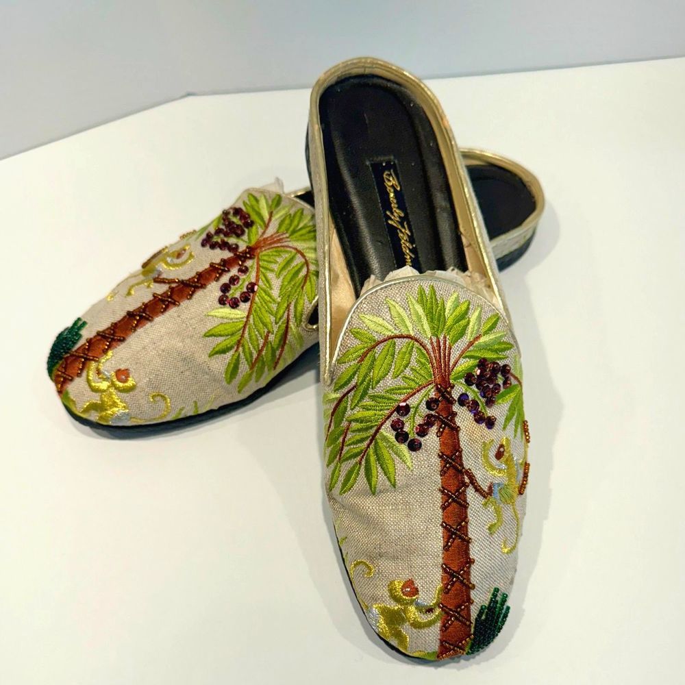 Beverly Feldman Beaded Monkey Palm Mules Vintage 7B